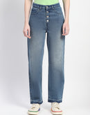 Madame Four Buttoned Stone Wash High Waisted Blue Denim