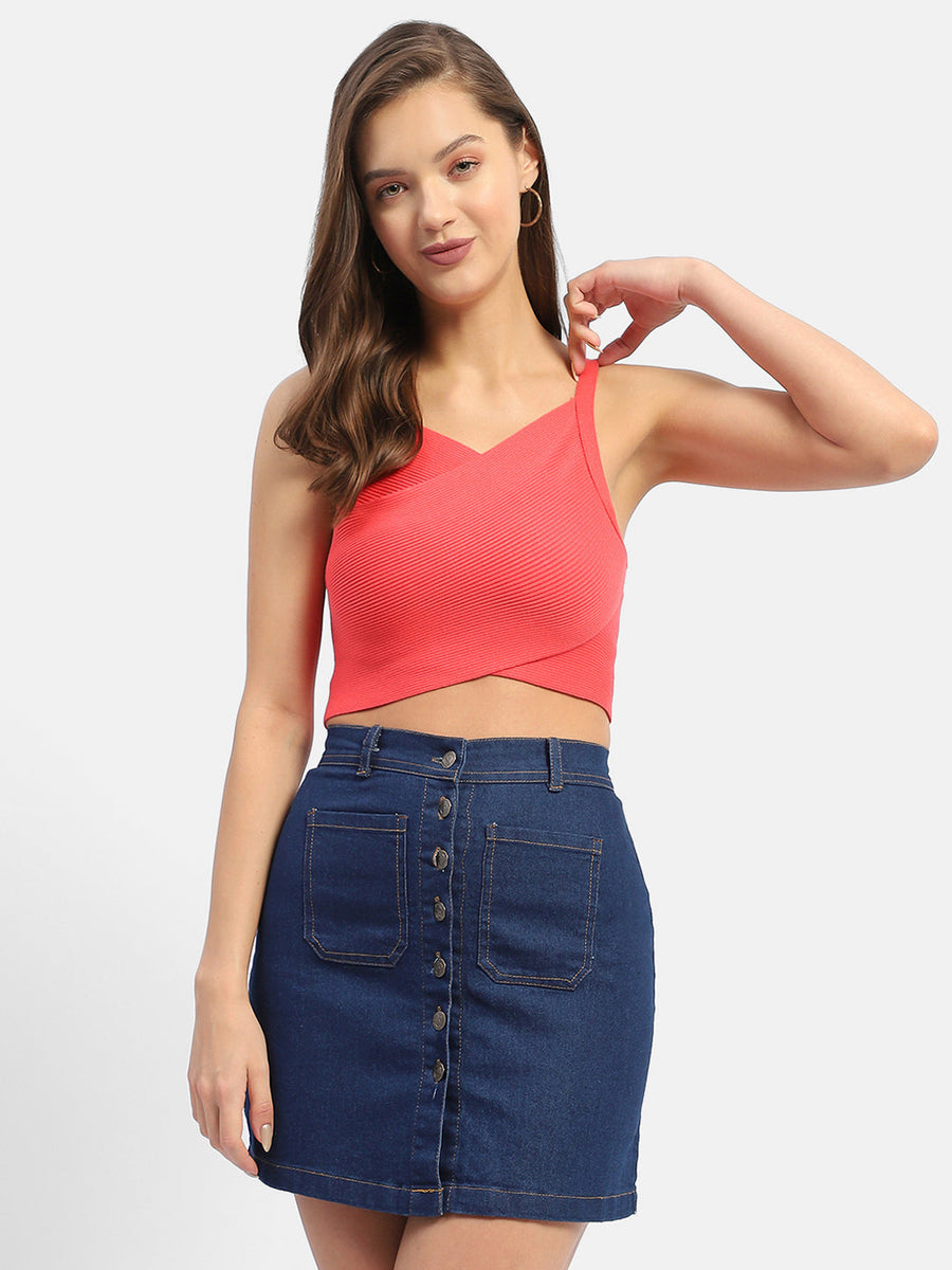 Madame V-Neck Coral Ribbed Crop Top