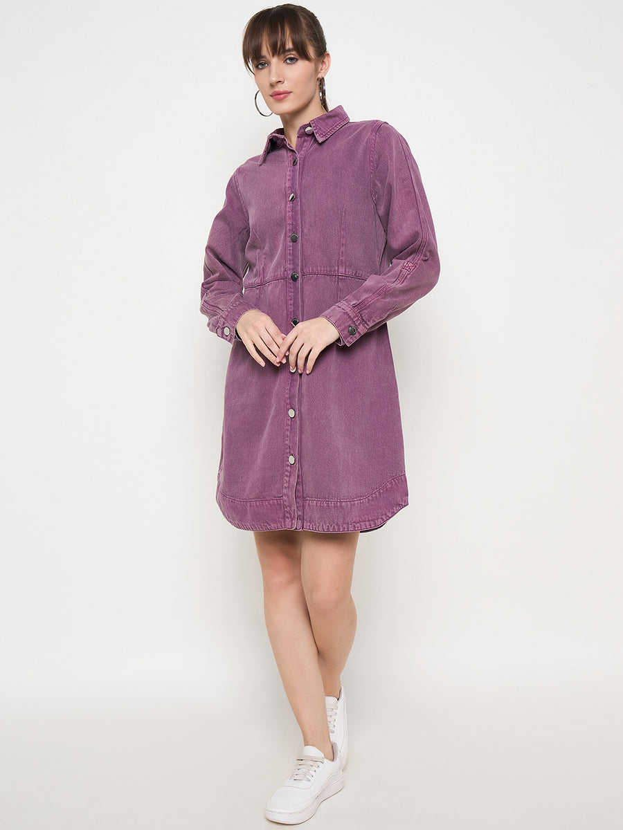 Madame Buttoned Plum Cotton Shirt Dress