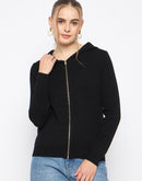 Madame Zip Solid Black Hooded Sweater