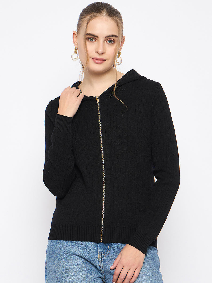 Madame Zip Solid Black Hooded Sweater