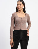 Madame Butterfly Embellished Front Zipper Light Brown Top