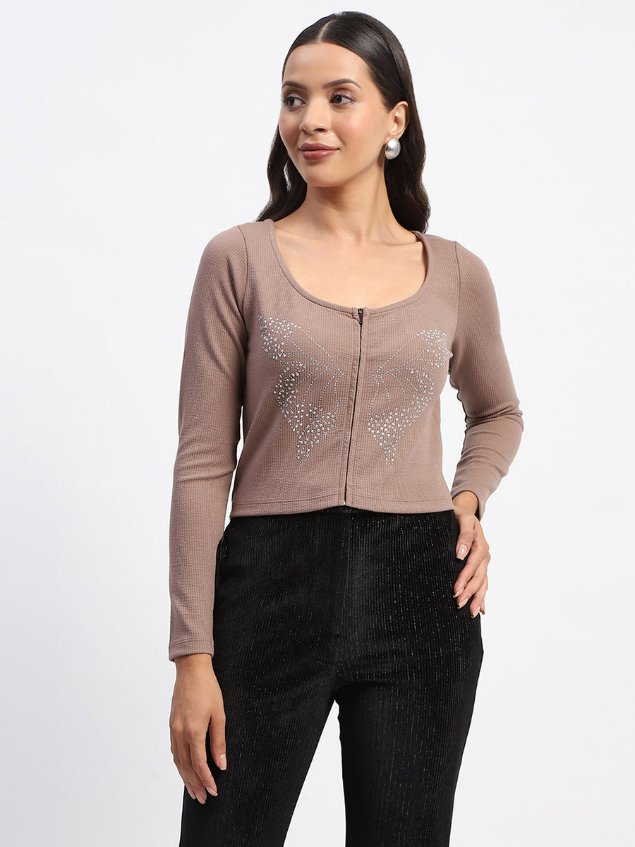 Madame Butterfly Embellished Front Zipper Light Brown Top