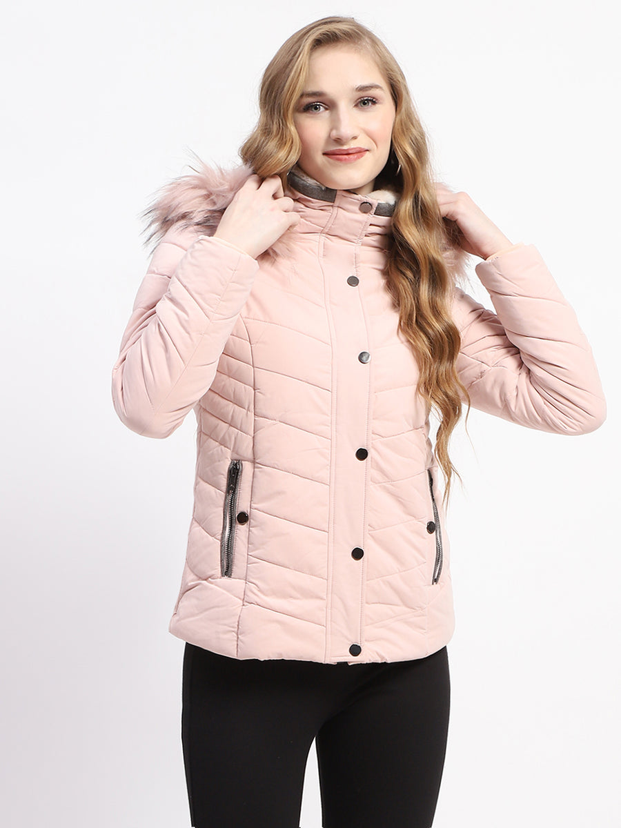 Madame Light Pink Faux Fur Hood Quilted Puffer Jacket