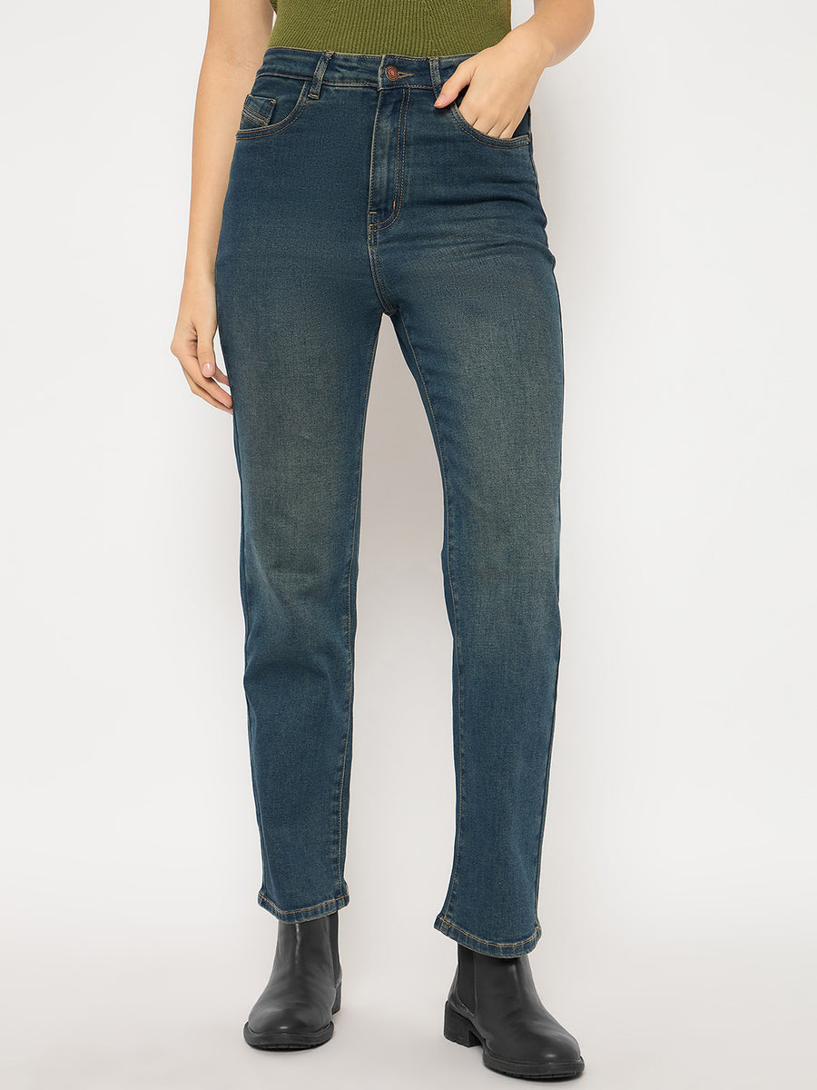 Madame Cotton Blend Stone Wash Straight Fit Tinted Blue Denim Jeans