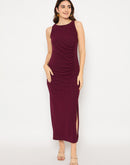 Madame Shanaya Kapoor Shimmery Gathered Detail Bodycon Wine Maxi Dress