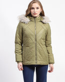 Madame Faux Fur Quilted Apple Green High Collar Puffer Jacket