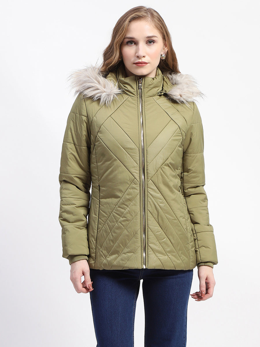 Madame Faux Fur Quilted Apple Green High Collar Puffer Jacket