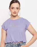 Madame Solid Violet Typography Cuffed Half  Sleeves Elasticated Waist Top