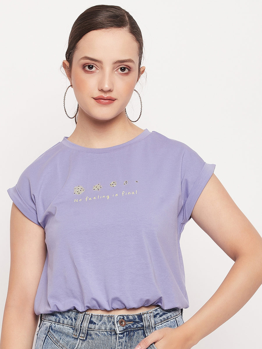 Madame Solid Violet Typography Cuffed Half  Sleeves Elasticated Waist Top