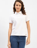 Madame White Polo Neck Solid Cotton T-Shirt