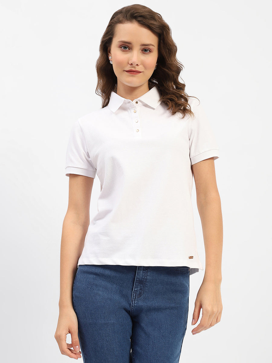 Madame White Polo Neck Solid Cotton T-Shirt