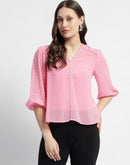 Madame V-Neck Puffed Sleeve Pink Dobby Top