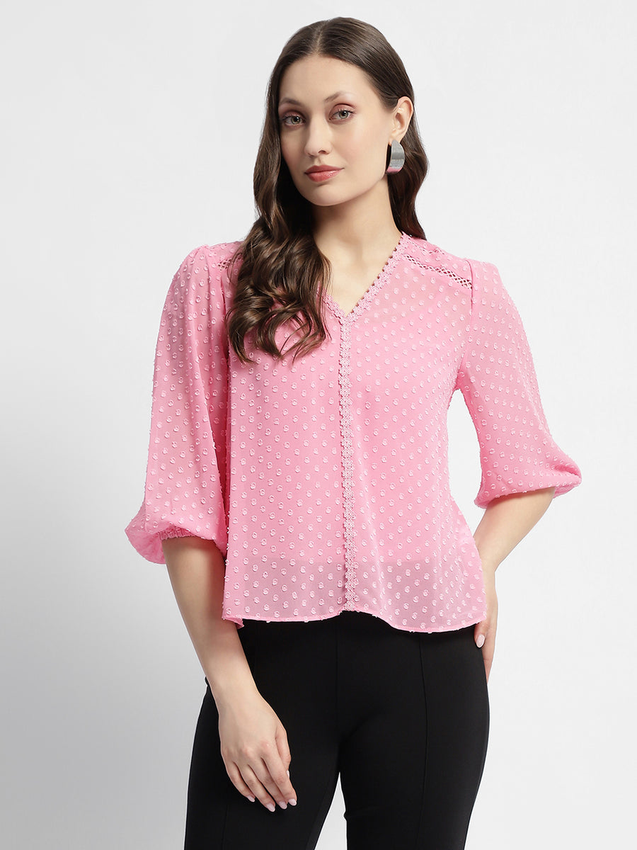 Madame V-Neck Puffed Sleeve Pink Dobby Top