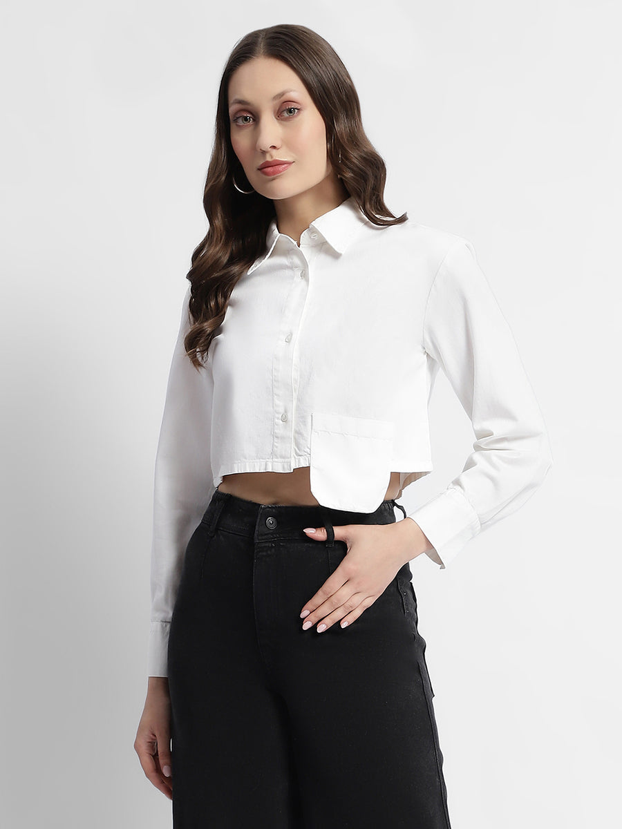 Madame White Front Flap Pocket Crop Shirt