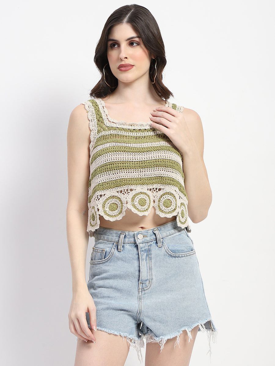 Madame Crochet Knit Green Cotton Crop Top