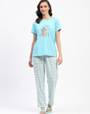 mSECRET Blue Cotton T-Shirt and Floral Print Pyjama Night suit Set