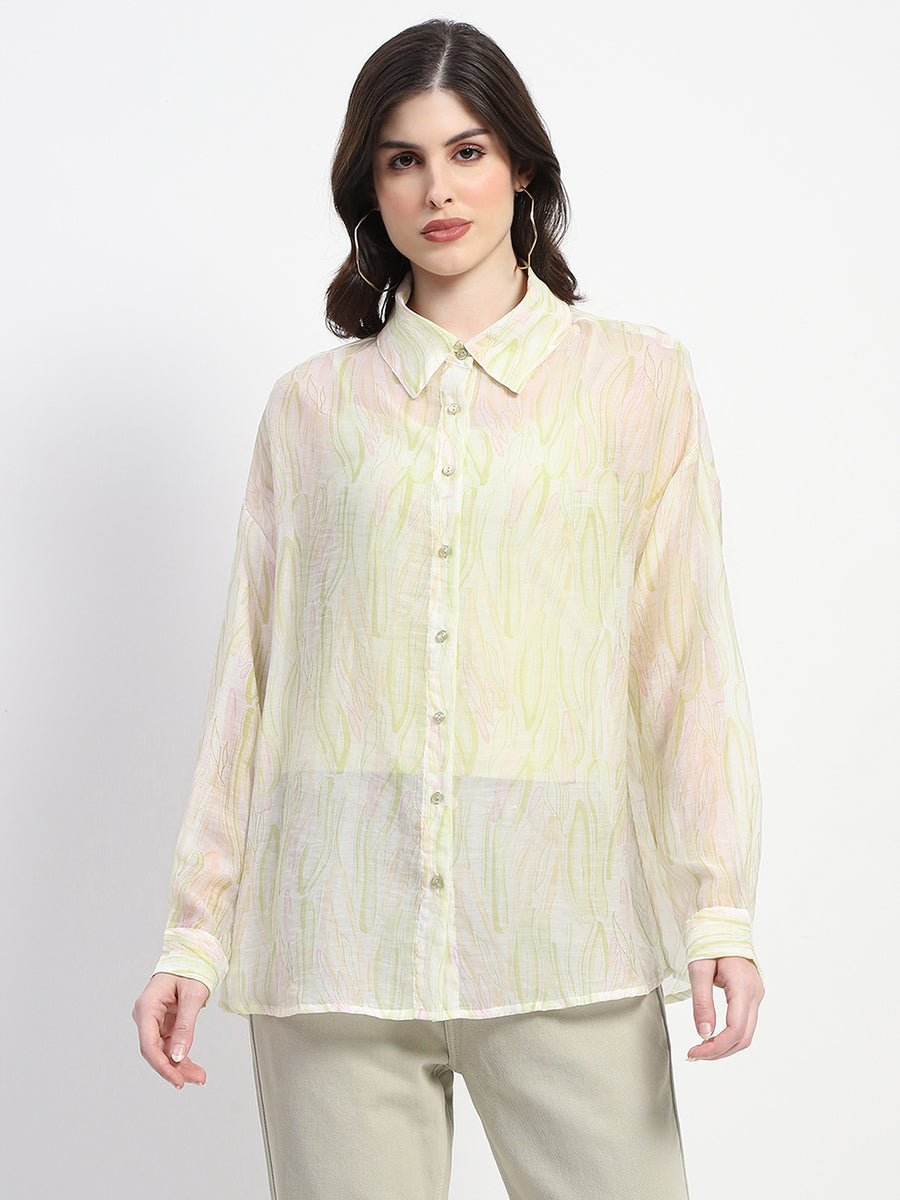 Madame Semi Sheer Abstract Print Lime Shirt