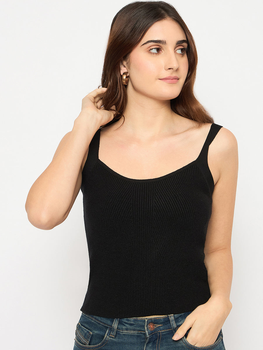 Madame Sleeveless Solid Black Sweater