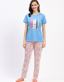 mSECRET Blue Cotton T-Shirt and Printed Pajama Night Suit Set