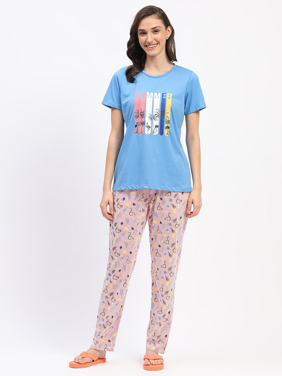 mSECRET Blue Cotton T-Shirt and Printed Pajama Night Suit Set