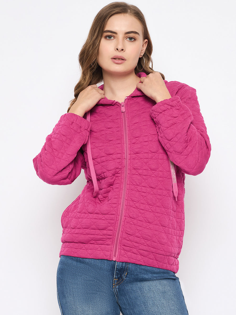 Madame Cotton Blend Self-Textured Zipped Hot Pink Sweatshirt