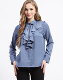 Madame Ruffle Collar Solid Blue Shirt