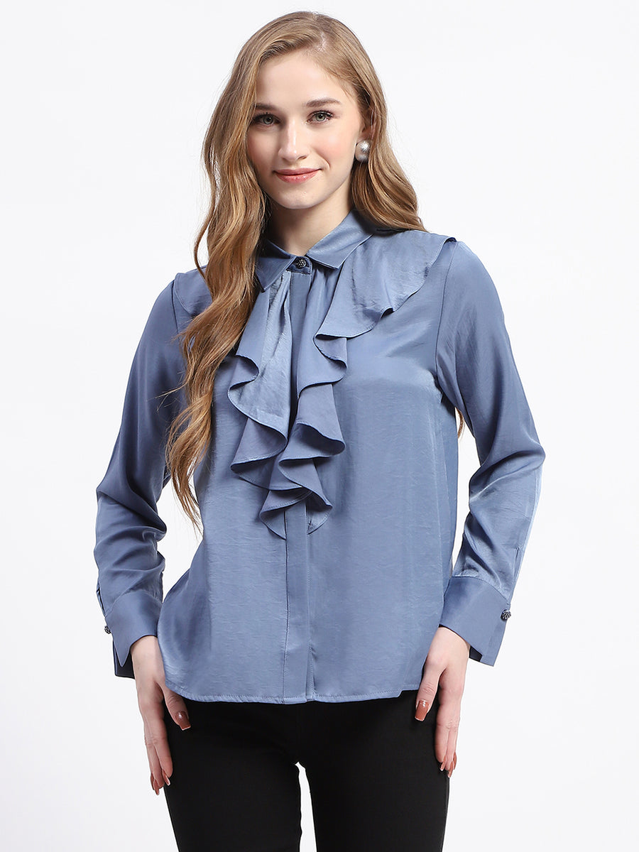 Madame Ruffle Collar Solid Blue Shirt