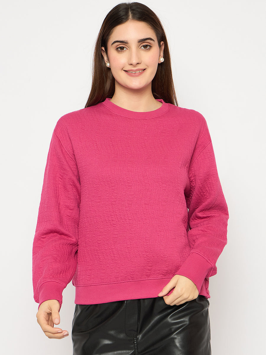 Madame Knitted Self-Textured Hot Pink Sweatshirt