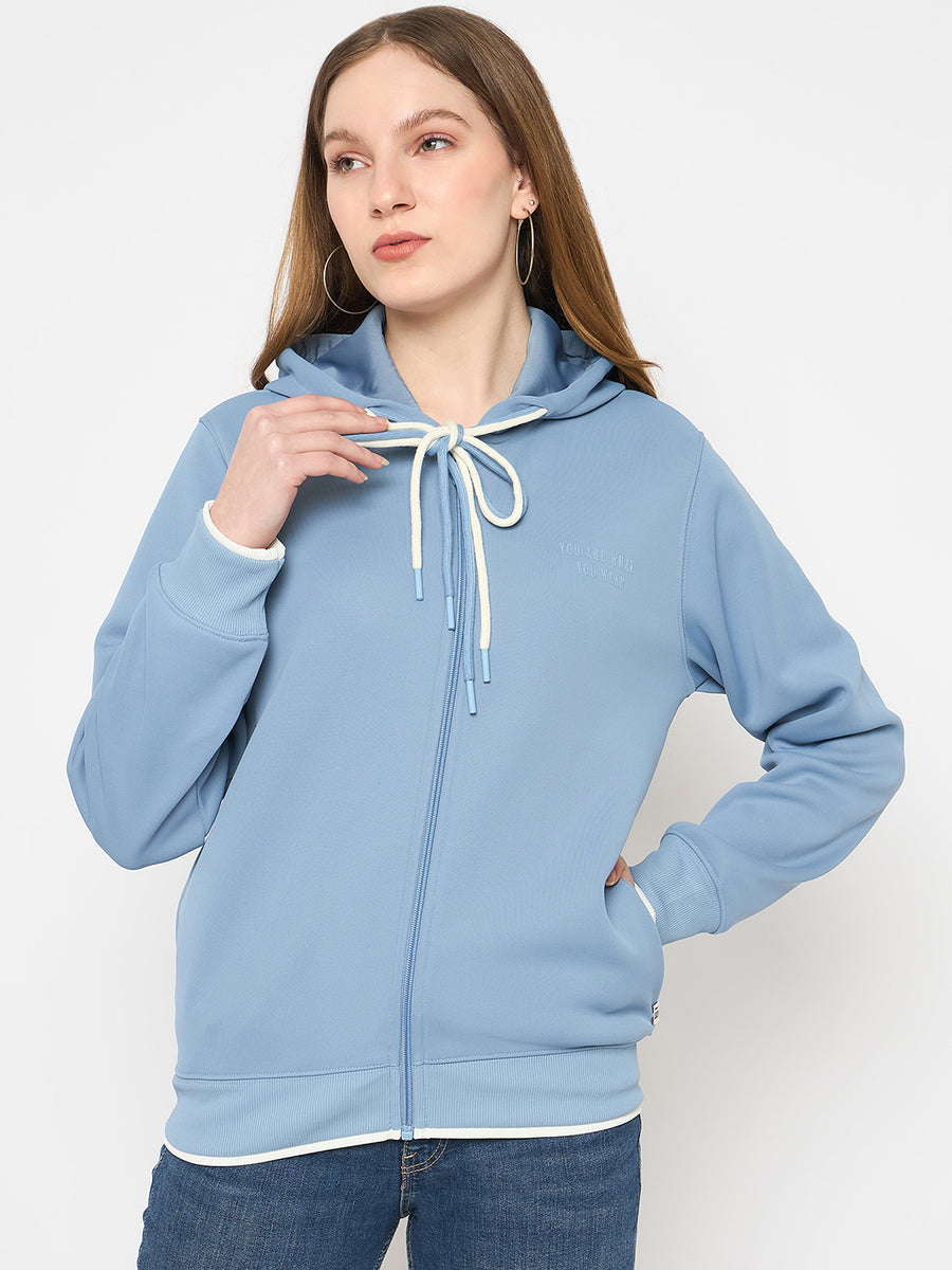 Madame Bonded Fleece Placement Print Light Blue Zipped Sweatshirt