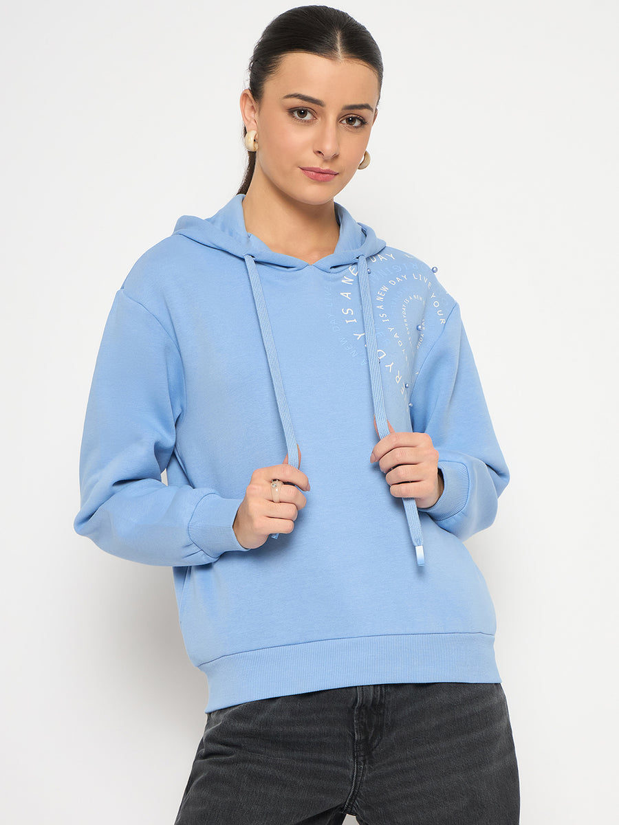 Madame Placement Printed Pearl Detailed Powder Blue Sweatshirt