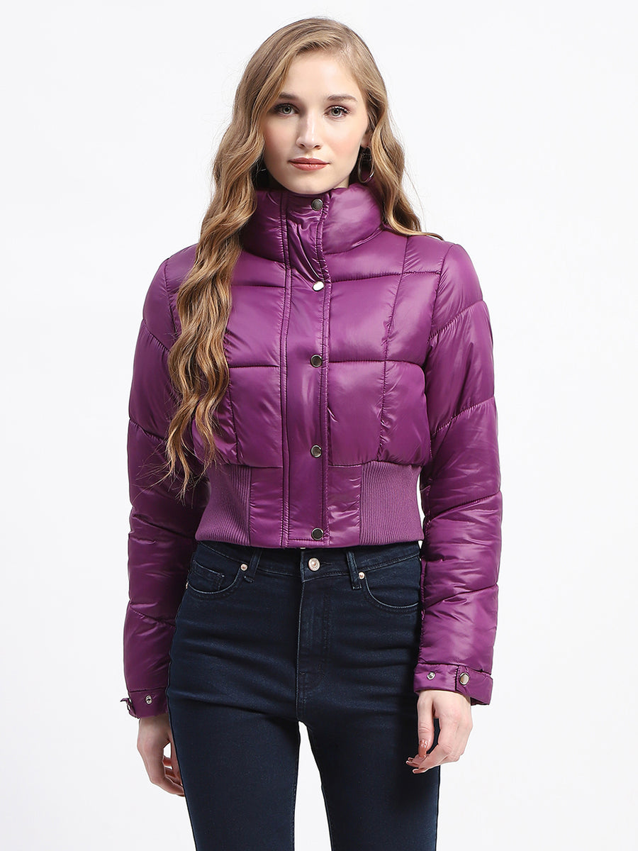 Madame Cropped Purple Quilted Puffer High Neck Jacket