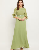 Madame Green Embellished Puff Sleeve Fit-Flare Dress