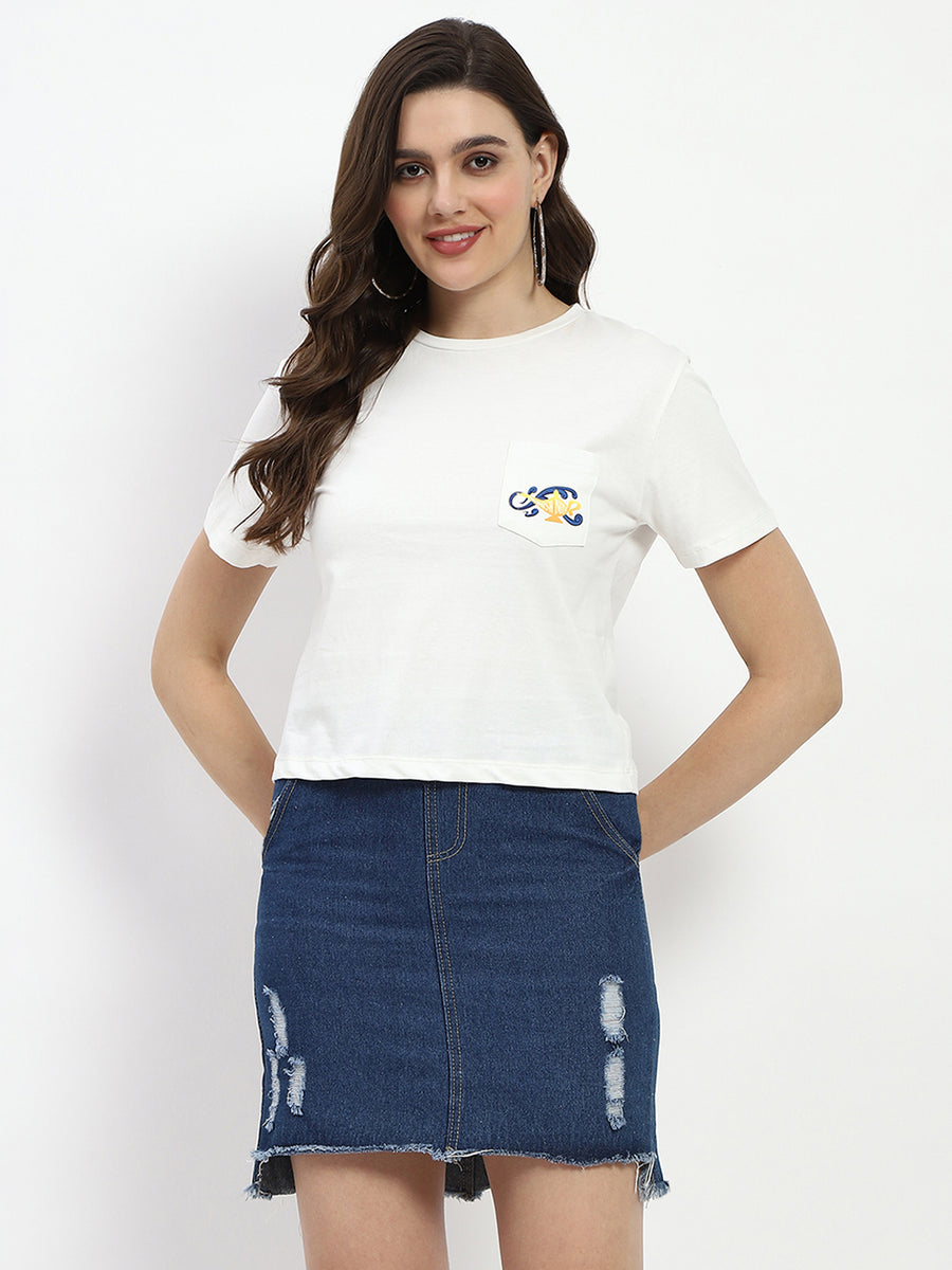 Madame 3D Print Front Pocket White Cotton T-Shirt