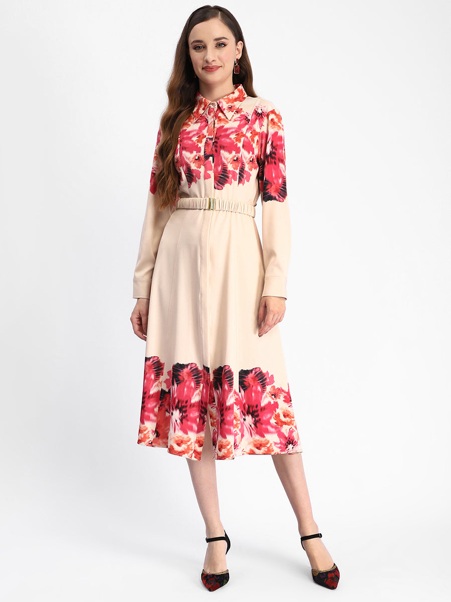 Madame Floral Printed Button Down Shirt A-Line Dress