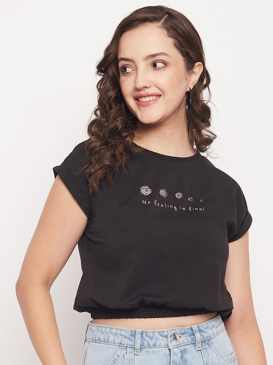 Madame Black Cotton Typography Elasticated Waist Crop Top