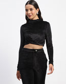 Madame Shimmery Wrap Black High Neck Crop Top