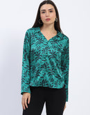 Madame Stylish Teal Green Leaf Print Shirt with Long Sleeves