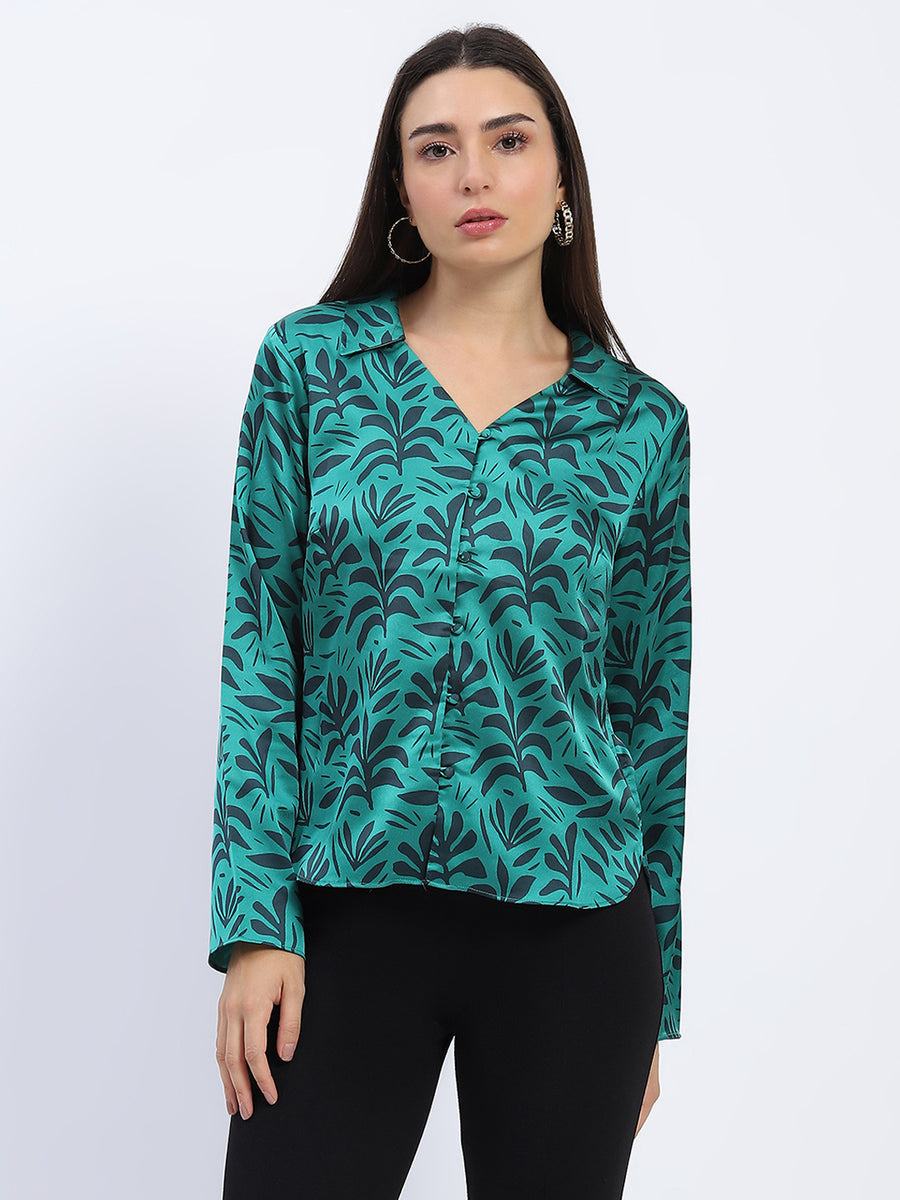 Madame Stylish Teal Green Leaf Print Shirt with Long Sleeves