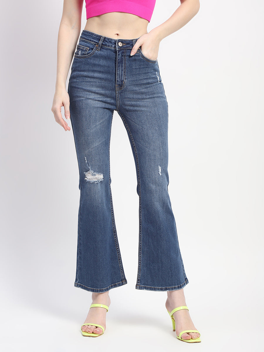 Madame Whiskered Ripped Bootcut Blue Denim