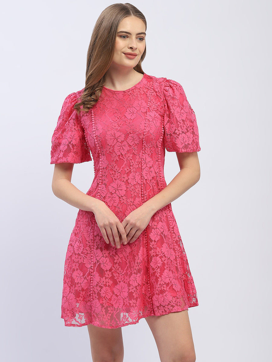 Madame Puff Sleeve Pink Lace A-Line Dress