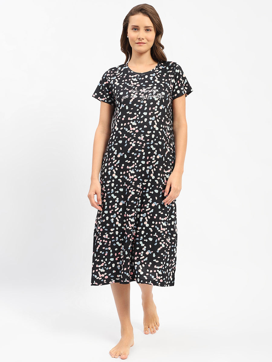 mSECRET Floral Print Round Neck Black Night Dress