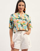 Madame Graphic Print Cotton Sky Blue Cropped Shirt