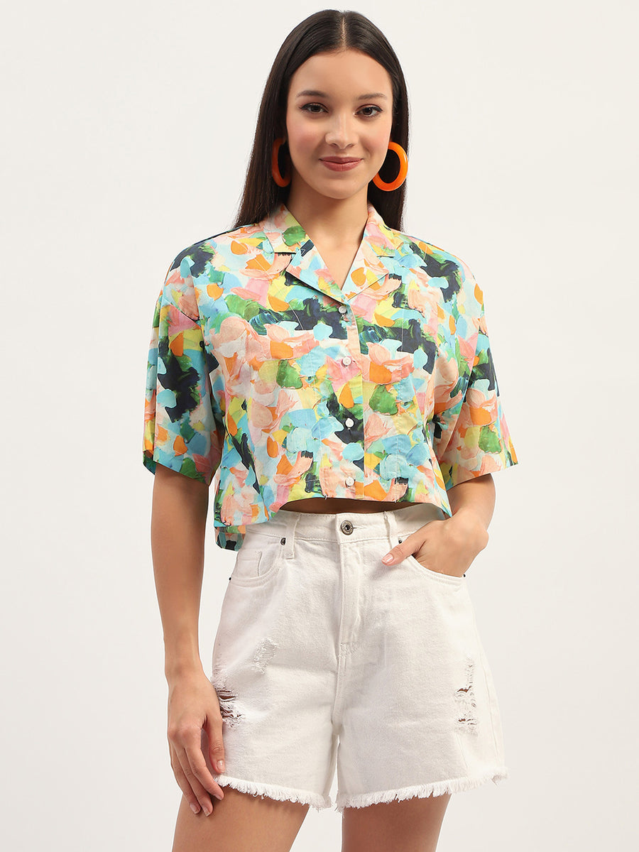 Madame Graphic Print Cotton Sky Blue Cropped Shirt