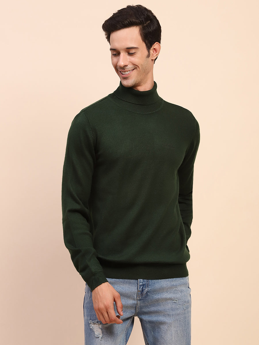 Camla Barcelona High Neck Solid Olive Sweater