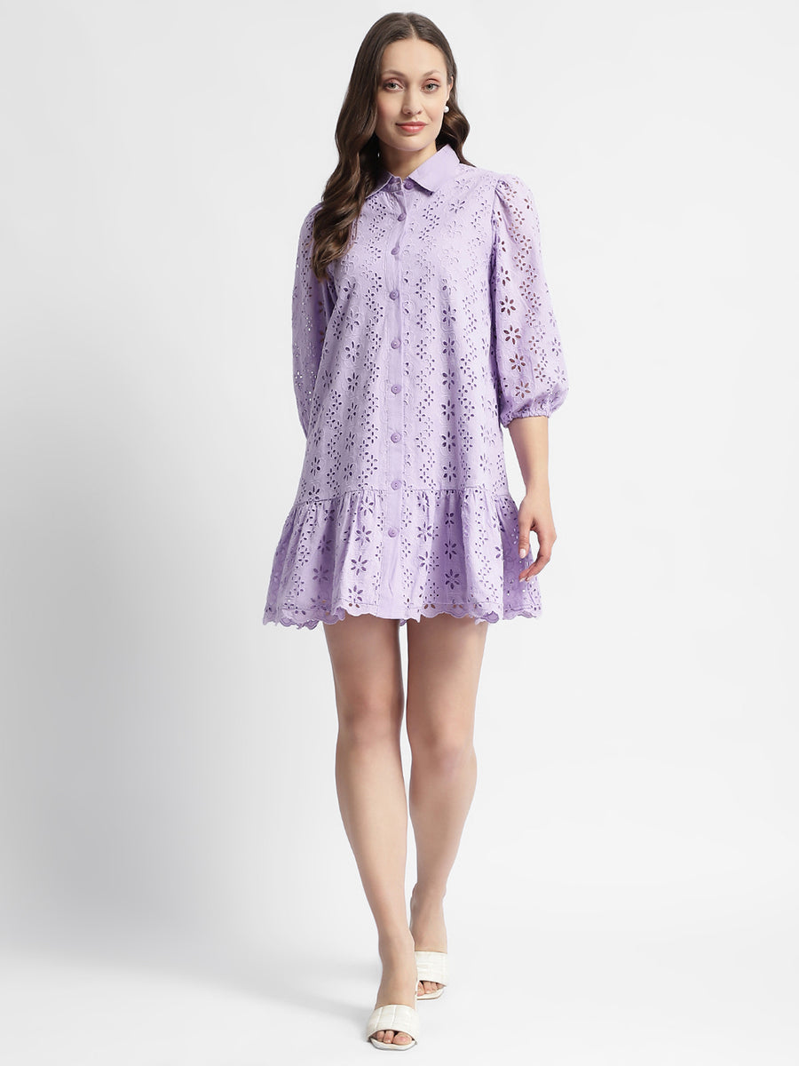 Madame Lilac Flared Hem Schiffli Mini Dress