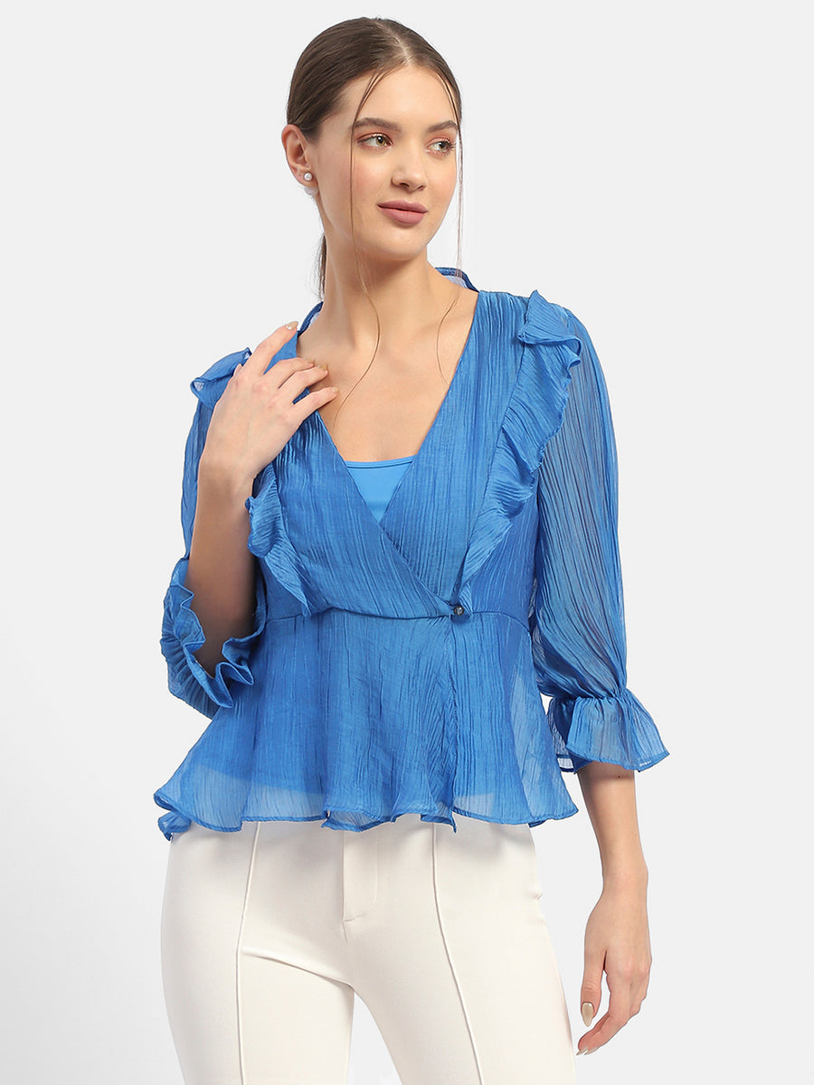 Madame Surplice Neck Royal Blue Poet Sleeve Top