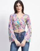 Madame Ruched Abstract Print Bell Sleeves Lilac Crop Top