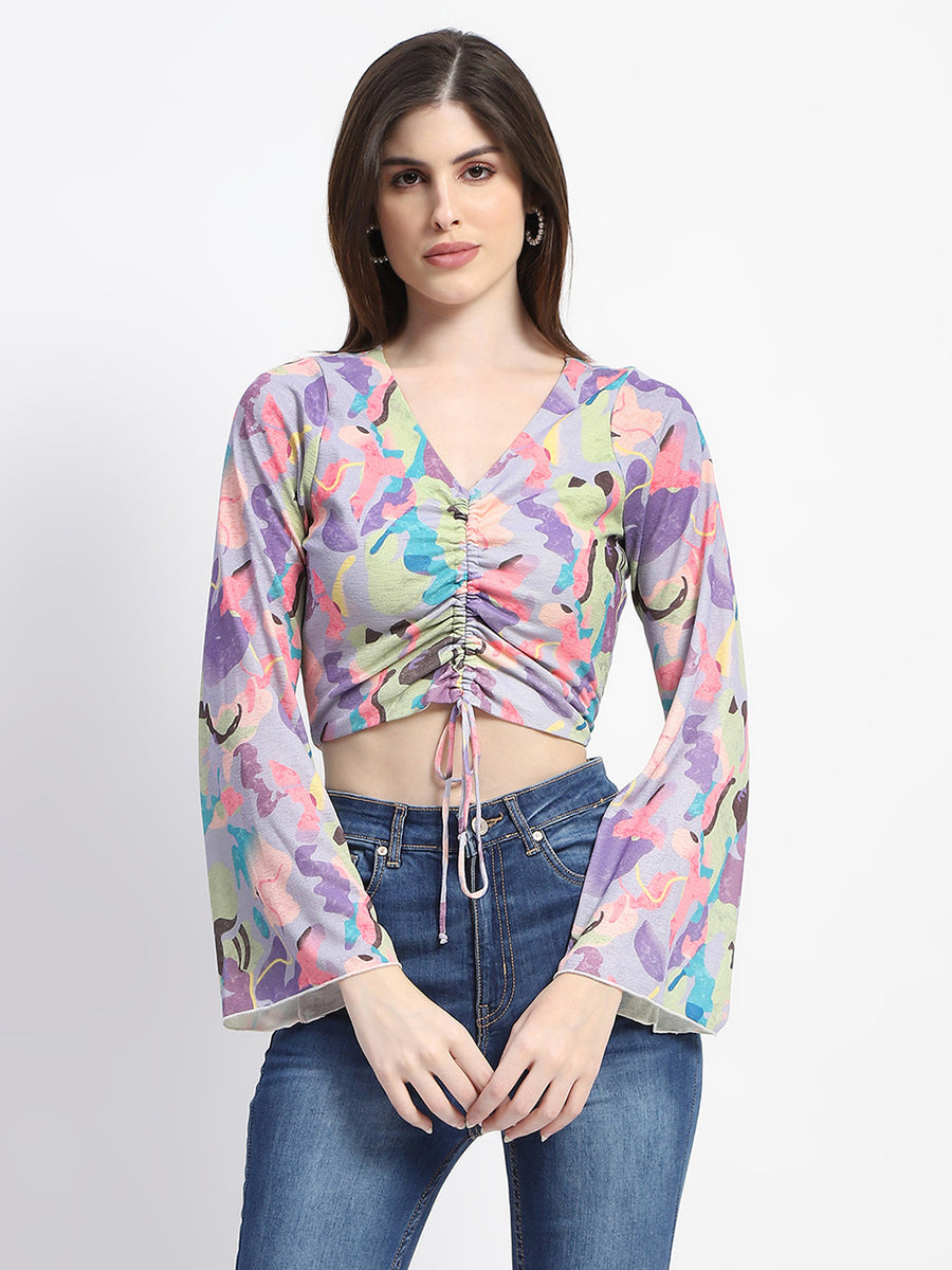 Madame Ruched Abstract Print Bell Sleeves Lilac Crop Top