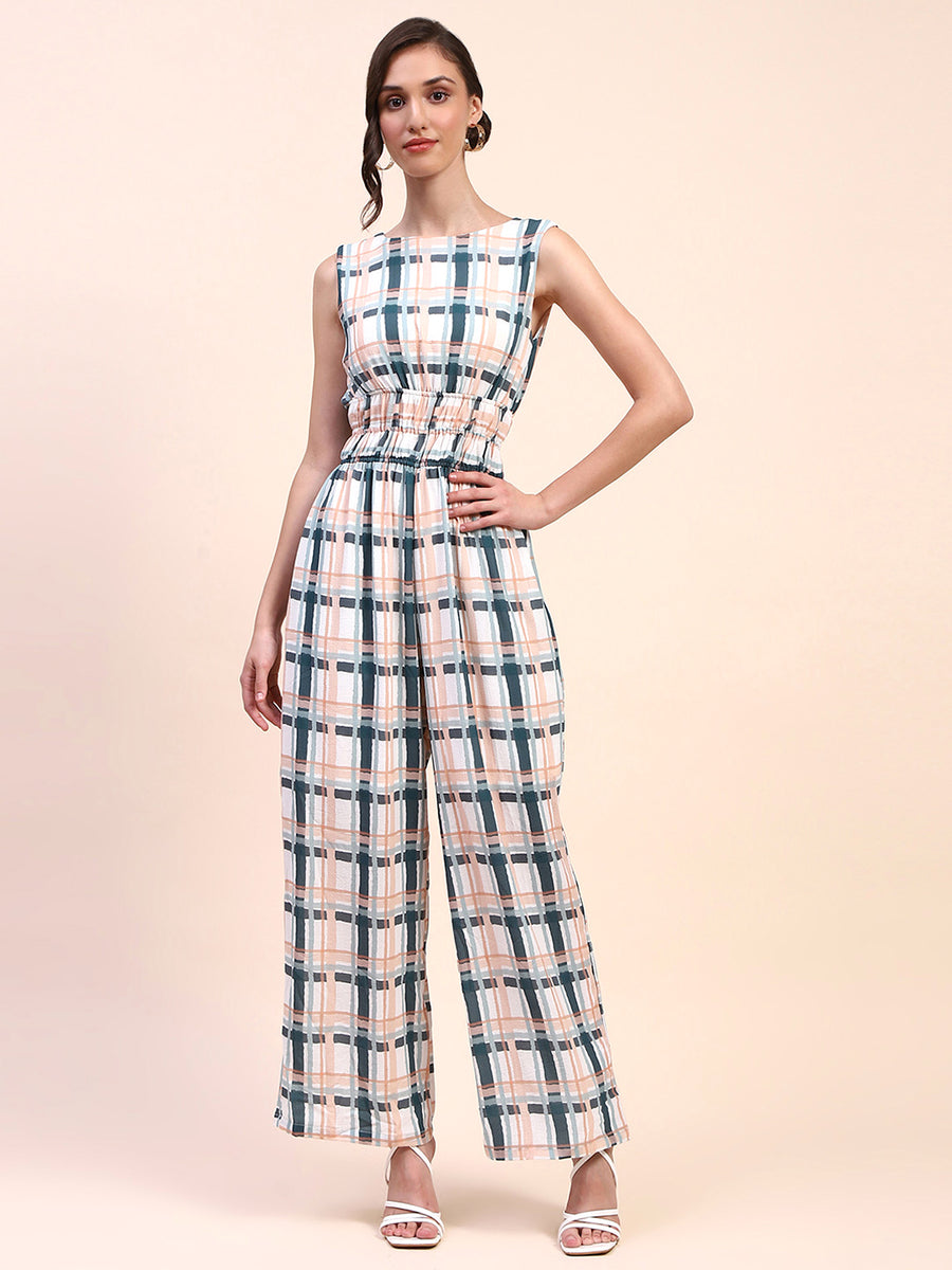 Camla Barcelona Checkered Cinch Waist Sleeveless Off White Jumpsuit